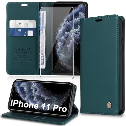 Handyhülle für iPhone 11 Pro Hülle [mit Schutzfolie][Premium PU Leder] Klapphülle Kartenfach Magnetic Ständer Flip Case Cover Etui Tasche Schutzhülle für iPhone 11 Pro 5.8“ (Green) von Migexxkj