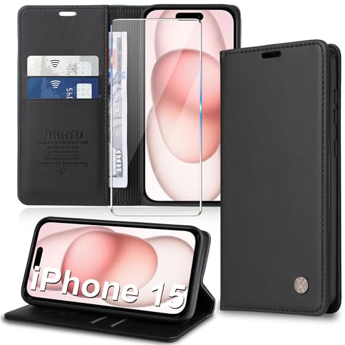 Handyhülle für iPhone 15 Hülle [mit Schutzfolie][Premium PU Leder] Klapphülle Kartenfach Magnetic Ständer Flip Case Cover Etui Tasche Schutzhülle für iPhone 15 6.1“ (Black) von Migexxkj