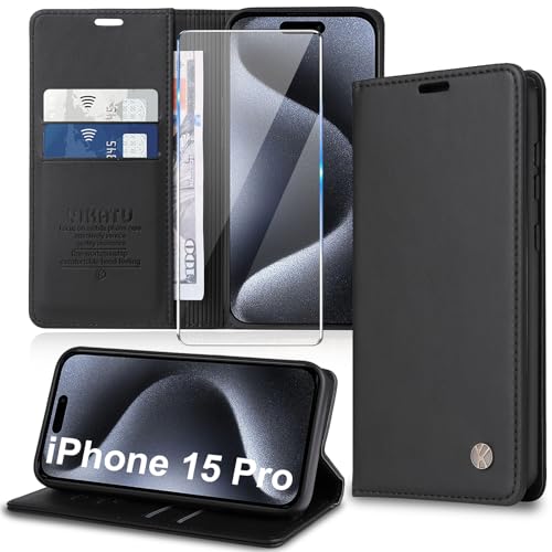 Handyhülle für iPhone 15 Pro Hülle [mit Schutzfolie][Premium PU Leder] Klapphülle Kartenfach Magnetic Ständer Flip Case Cover Etui Tasche Schutzhülle für iPhone 15 Pro 6.1“ (Black) von Migexxkj