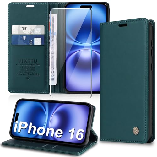 Handyhülle für iPhone 16 Hülle [mit Schutzfolie][Premium PU Leder] Klapphülle Kartenfach Magnetic Ständer Flip Case Cover Etui Tasche Schutzhülle für iPhone 16 6.1“ (Grün) von Migexxkj