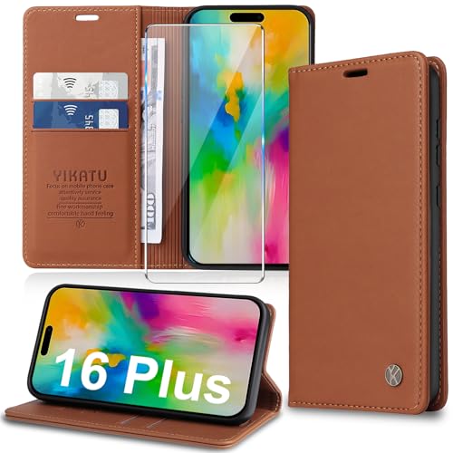 Handyhülle für iPhone 16 Plus Hülle [mit Schutzfolie][Premium PU Leder] Klapphülle Kartenfach Magnetic Ständer Flip Case Cover Etui Tasche Schutzhülle für iPhone 16 Plus 6.7“ (Braun) von Migexxkj