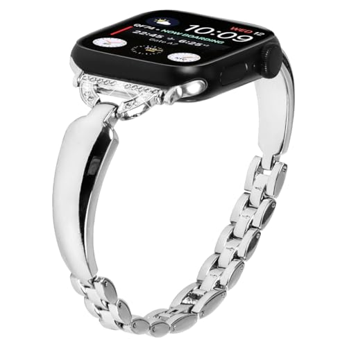 Miimall Armband Kompatibel mit Apple Watch Ultra Lederarmband,Diamond Edelstahlarmband für iWatch 45mm Series Ultra 2/Ultra/9/8/Series 7-1/SE 2/SE,Metallarmband für Apple Watch Se Armband Silber von Miimall