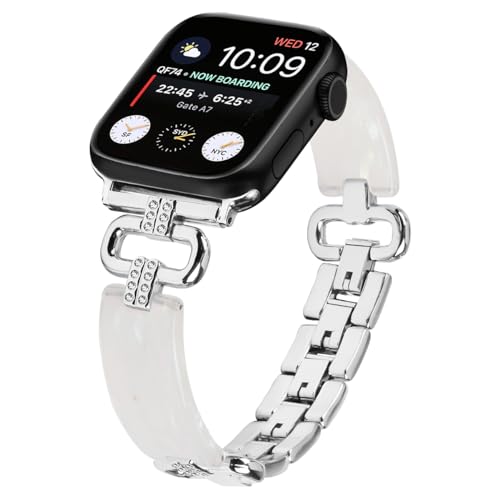 Miimall Harz Armbänder Kompatibel mit Apple Watch Ultra 2/1 Armband 49mm 45mm 44mm 42mm, Leichtes Harz Metall Strass Buntes Damen Armband für iWatch Ultra 2/1 Series 9/8/7 6-1 SE2/1 -Silber von Miimall