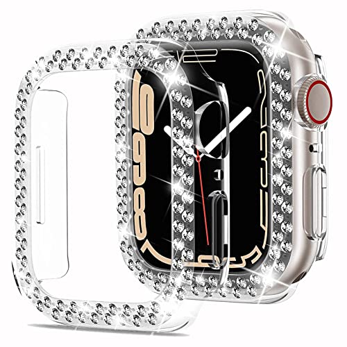 Miimall Kompatibel mit Apple Watch Series 9/8/7 45mm 41mm Hülle, Bling Glitzer Doppelter Diamant Strassstein Harter PC Schutzrahmen Ultradünner Schutzhülle für iWatch Series 9/8/7 41mm - Klar von Miimall