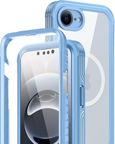 Miimall Magnet Hülle für iPhone 16e 6,1" Handyhülle mit Displayschutz Glas, Kompatibel für MagSafe, Militär rutschfest Outdoor Rundum Schutzhülle Dünn Thin Durchsichtig Case für iPhone16e Cover Blau von Miimall