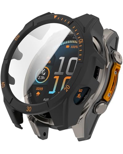 Miimall PC Hülle mit Tempered Glas Kompatibel mit 51MM Garmin Fenix 8 AMOLED Case, Stoßfestes Kratzfest Hoch Empfindlichkeit Schutzhülle Cover für Garmin Fenix 8 Amoled (2024) Schutz,Schwarz-Orange von Miimall