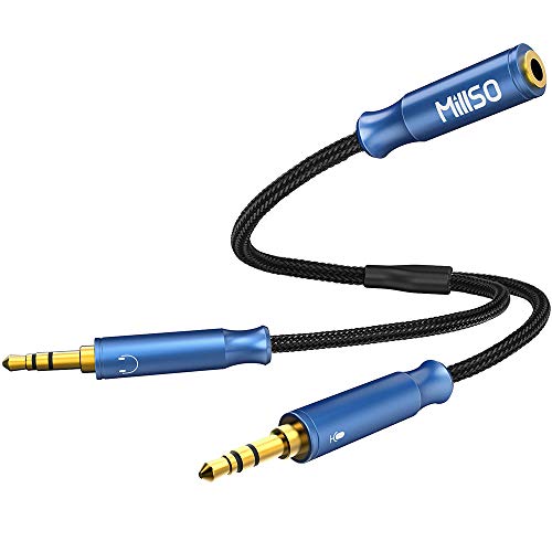 MillSO Y Splitter Kabel Audio Y Adapter Klinke 3.5mm 4 Pole Buchse auf 3 Pole Mic Stecker und 3 Pole Aux Stecker Headset Splitter Kabel 1 auf 2 für Gaming Headset, Kopfhörer, PC, PS4, 30cm von MillSO