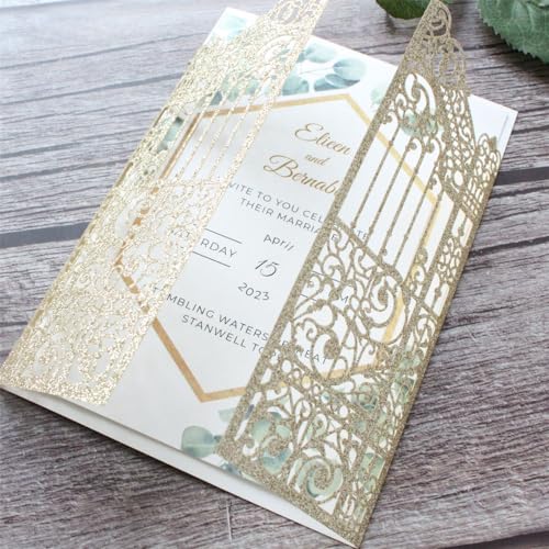 Glückwunschkarten Lasergeschnittene Einladungskarte mit glitzerndem goldenem Tor zur Hochzeit (Gold Glitzer) von MillaSaw