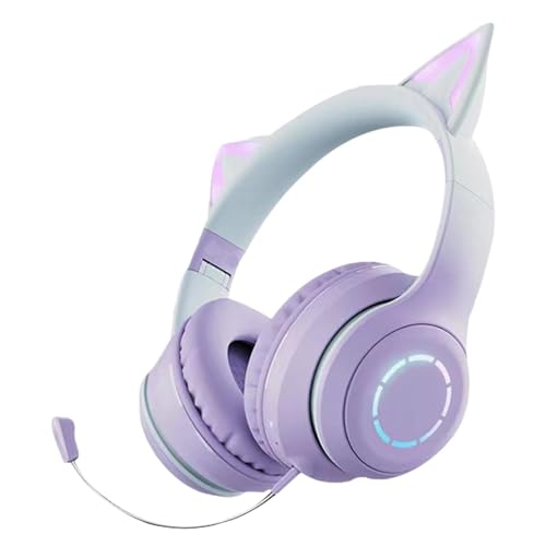 Mimoqk Kabellose Over-Ear-Kopfhörer, faltbar, Cat Ear Headphones, Lautstärkeregler, Surround Sound Headphones, Light Up Cat Ear Headphones Wireless Foldable with Surround Sound for PC von Mimoqk