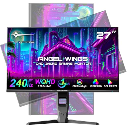 Minifire 27 Zoll WQHD 240Hz Gaming Monitor 1440P-1ms AMD FreeSync 丨DCI-P3 98% 丨Schneller IPS丨Lautsprecher丨HDR10 丨2×DP1.4丨2×HDMI丨Höhenverstellbarer vertikal/horizontal drehbarer Gaming PC Monitor von Minifire