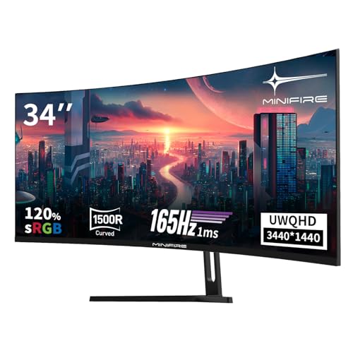 Minifire 34" UWQHD Curved Gaming Monitor 165Hz(DP),3440 x 1440,Curved 1500R,1 ms(MPRT),100Hz(HDMI), AMD FreeSync,VA Panel,2xHDMI 2.1(TMDS)/1xDP 1.4 Ports(MFG34C5Q DP-Kabel im Lieferumfang enthalten) von Minifire