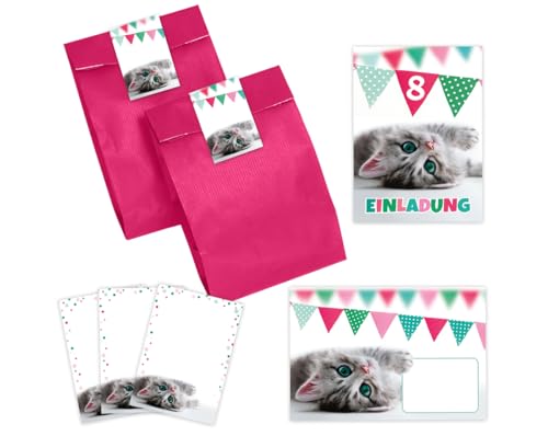 12 Einladungskarten zum 8. Kindergeburtstag Mädchen Jungen Katze Einladungen achte Geburtstag Kinder incl. 12 Umschläge, 12 Partytüten/pink, 12 Aufkleber, 12 Mini-Notizblöcke von Minkocards