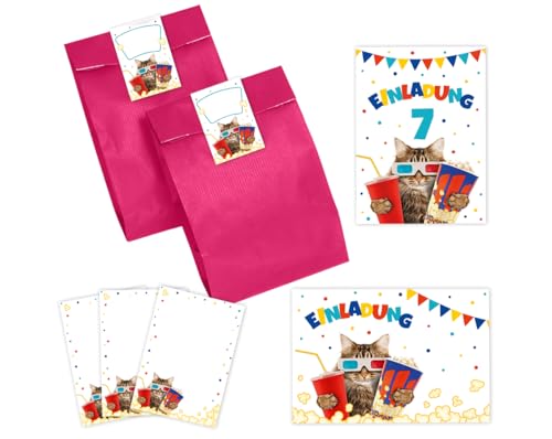 6 Einladungskarten zum 7. Kindergeburtstag Kino Mädchen Jungen Kino-Party Katze coole Einladung siebte Geburtstag incl. 6 Umschläge, 6 Partytüten/pink, 6 Aufkleber, 6 Mini-Notizblöcke von Minkocards