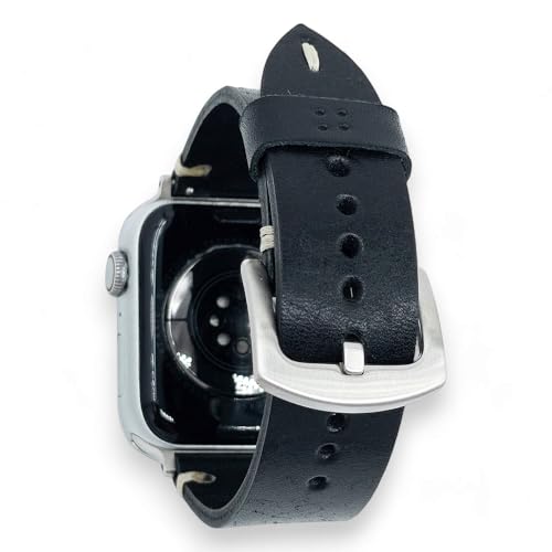 MINVAL NATURALE 100% echtes Leder Armband für Apple Watch – handgefertigt, modern, verstärkt, Edelstahlverschluss, Kompatibel mit Apple Watch Ultra, Series 1-9 (Schwarz, 42mm | 44mm | 45mm) von Minval Leather