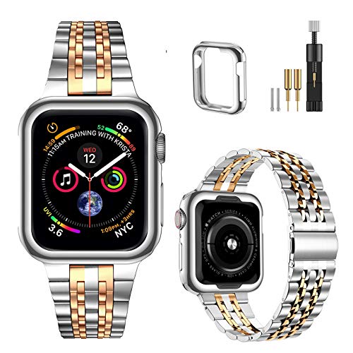 MioHHR Kompatibel mit Apple Watch Armband 42 mm 44 mm 45 mm, massives Edelstahl-Metallarmband für iWatch Series 8 7 6 5 4 3 2 1 SE(Silber/Roségold) von MioHHR