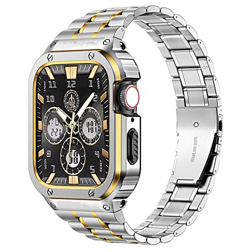 MioHHR Metallbänder mit Hülle kompatibel für Apple Watch Band 44 mm, stoßfestes Edelstahlgehäuse und Ersatzband mit Schutzhülle für iWatch Serie 6/5/4/SE für Herren（Silber/Gold von MioHHR