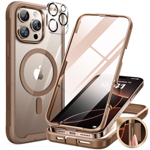 Miracase 360 Grad für iPhone 16 Pro Hülle mit Magsafe, Eingebaut Glas Schutzfolie, Komplettschutz HandyHülle Magnetisch Stoßfest Case für iPhone 16 Pro Schutzhüllen 6,3 Zoll, Goldbraun von Miracase