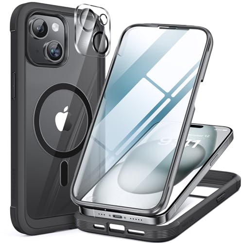 Miracase 360 Grad für iPhone 15 Plus Hülle mit Magsafe, Eingebaut Glas Schutzfolie, Komplettschutz HandyHülle Magnetisch Stoßfest Case für iPhone 15 Plus Schutzhüllen 6,7 Zoll, Schwarz von Miracase