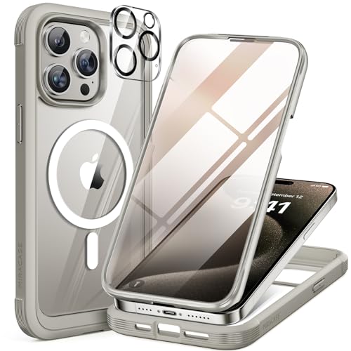 Miracase 360 Grad für iPhone 15 Pro Hülle Magnetisch mit Eingebaut Glas Schutzfolie und Kameraschutz, Stoßfest Komplettschutz Handyhülle für iPhone 15 Pro Schutzhüllen 6,1 Zoll, Titan von Miracase