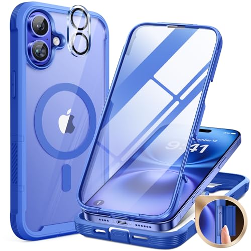 Miracase 360 Grad für iPhone 16 Hülle mit Magsafe, Eingebaut Glas Schutzfolie, Komplettschutz HandyHülle Magnetisch Stoßfest Case für iPhone 16 Schutzhüllen 6,1 Zoll, Blau von Miracase