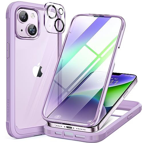 Miracase Schutzhülle für iPhone 14 Plus, 17 cm (6,7 Zoll), integrierter Glas-Displayschutz und Kameraobjektivschutz, 2023 Upgrade, Ganzkörper-Gummi-Stoßdämpfer, transparente Rückseite, Hellviolett von Miracase