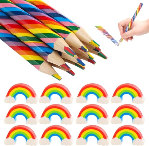 MisFun 12 Stück Regenbogenstift, Buntstifte Kinder, 4 in 1 Farbstifte, Regenbogen Bleistifte, Stifte Bunt, mit 12 Regenbogen Radiergummi, für Kunst Zeichnung, Färbung, Skizzieren von MisFun