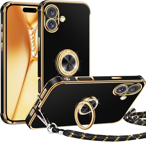 Miss Arts für iPhone 16 Hülle mit Band, Ring Ständer Handyhülle HandyKette Frauen Mädchen Dünn Stoßfeste Schutzhülle für iPhone 16 Case 6,1 Zoll - Schwarz von Miss Arts