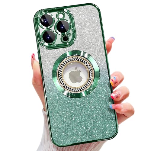 Misscase Magnetische Glitzer-Schutzhülle für iPhone 16 Pro, kompatibel mit MagSafe, vollständiger Schutz, schlank, stoßfest, kratzfest, mit Kameralinsenschutz, Logo, staubdichtes Netz, für Damen, Grün von Misscase