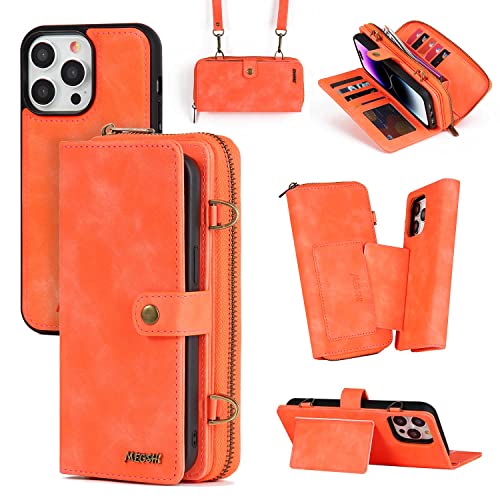 Misscase Schutzhülle für iPhone 16 Pro Max, multifunktional, abnehmbar, 3-in-9, magnetische Handyhülle, Klappriemen, Reißverschluss, Kartenhalter, Handyhülle mit Schultergurten (Orange) von Misscase