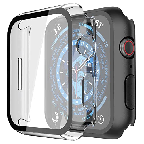 Misxi PC-Hülle mit Displayschutz aus gehärtetem Glas, kompatibel mit Apple Watch Serie 9 (2023) Serie 8 Serie 7, 45 mm, ultradünne kratzfeste Abdeckung für iWatch, 1 Schwarz + 1 Transparent von Misxi