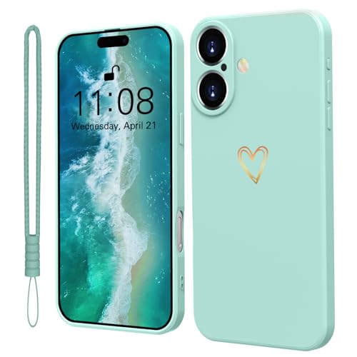 Mitetabo Hülle für iPhone 16 Handyhülle Gold Liebesher Silikon, iPhone 16 Case Mädchen Weich Slim Stoßfest Kratzfeste Süßes Gold Love Schutzhülle für iPhone 16 6.1" Mint Grün von Mitetabo