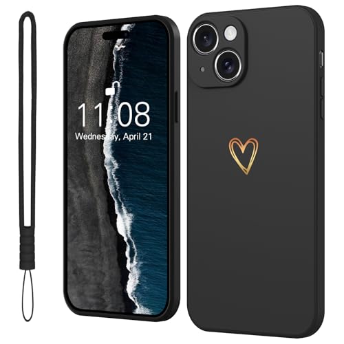 Mitetabo für iPhone 15 Hülle Silikon mit Gold Liebesherz, Handyhülle iPhone 15 Dünn Case Slim Kratzfeste Rundumschutz Schutzhülle für iPhone 15 6.1" Schwarz von Mitetabo