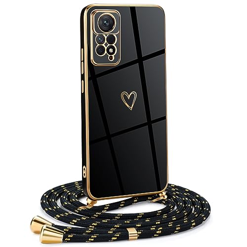 Frauen Mädchen Handykette Kompatibel mit Xiaomi Redmi Note 11/ Note 11s - Silikon Hülle mit Band - Handyhülle für Xiaomi Redmi Note 11/ Note 11s Herz Love Design Galvanik - in schwarzes Gold von Mkej