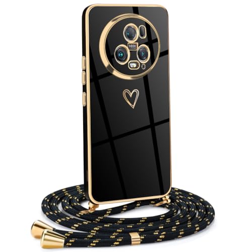 Mkej Frauen Mädchen Handykette Kompatibel mit Honor Magic 5 Pro 5G - Silikon Hülle mit Band - Handyhülle für Honor Magic 5 Pro 5G Herz Love Design Galvanik - Hülle mit Kordel in schwarzes Gold von Mkej