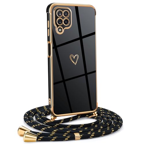 Mkej Frauen Mädchen Handykette Kompatibel mit Samsung Galaxy A12/ M12 - Silikon Hülle mit Band - Handyhülle für Samsung A12/ M12 Herz Love Design Galvanik - Hülle mit Kordel in schwarzes Gold von Mkej