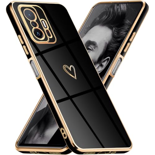 Mkej Glitzernde Handyhülle Für Xiaomi 11T Pro Hülle mit Kameraobjektivschutz, Herz Love Design Galvanik Stoßfeste Dünne TPU Silikon Schutzhülle für Xiaomi 11T Pro, Schwarz Gold von Mkej