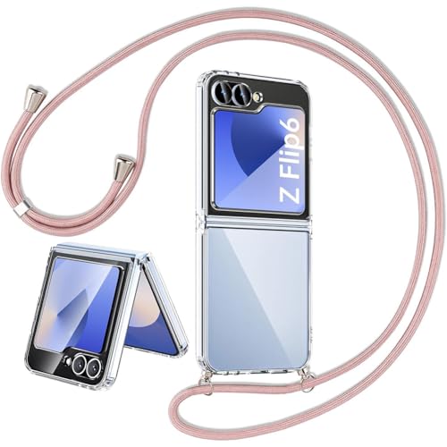 Mkej Handykette Kompatibel mit Samsung Galaxy Z Flip 6 - Silikon Hülle mit Band - Handyhülle mit Band für Samsung Galaxy Z Flip 6 - Transparent Case mit Schnur - Schutzhülle mit Kordel in Roségold von Mkej