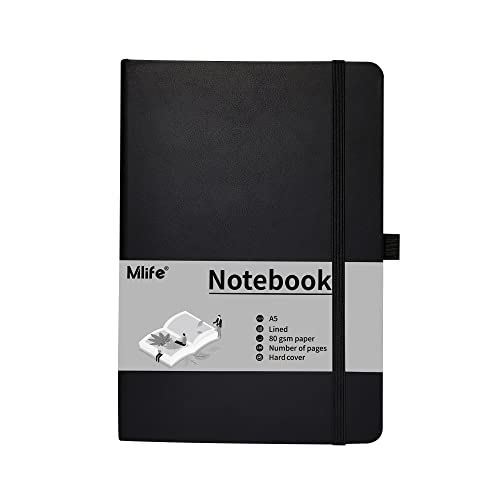 Mlife A5 Journal Notizbuch, 192 Seiten, Hardcover mit elastischem Verschlussband und Falttasche (Schwarz) von Mlife