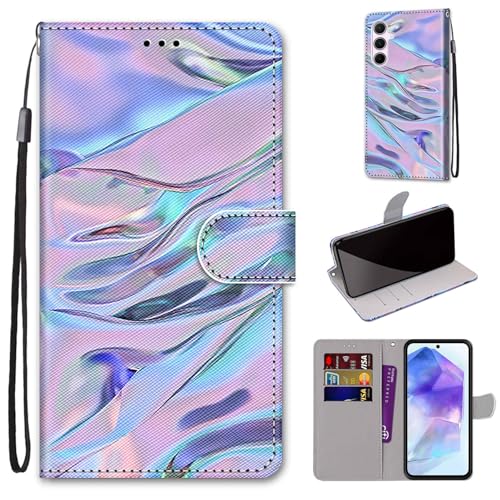 Mo-Somnus Kompatibel mit Samsung Galaxy A55 5G Hülle, Leder Handyhülle mit Kartenfach Geld Slot Ständer PU Ledertasche TPU Wallet Flip Brieftasche Magnetische Schutzhülle (Fluoreszierend) von Mo-Somnus