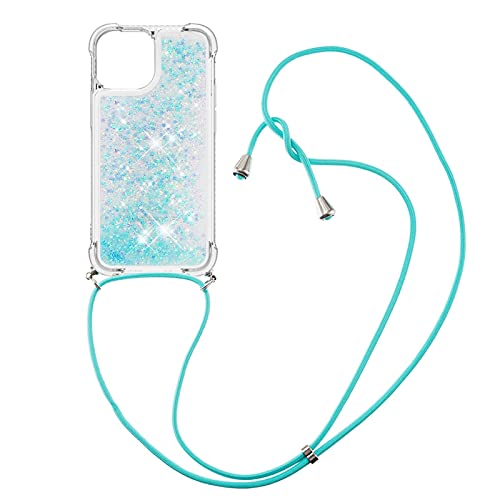 Handykette für iPhone 13 Mini, Glitzer Flüssig Bewegende Treibsand Handyhülle Silikon Transparent Case, MoEvn TPU Quicksand Hängende Umhängeband Necklace Phone Hülle für Apple 13 Mini, Silber blau von MoEvn-EU