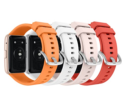 MoKo 4 Stück Armband Kompatibel mit Huawei Watch Fit Active/Elegant Smartwatch, Weiche Silikon Sport Ersatzarmband Uhrenarmband mit Edelstahlschnalle, Orange/Weiß/Sakura Rosa/Rot von MoKo