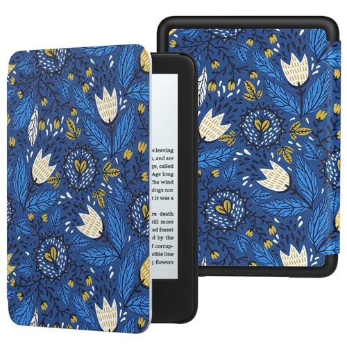 MoKo Hülle für 6" Kindle (11. Generation, 2024/2022) & Internationale Version, Leichte Schutzhülle mit Auto Schlaf/Wach Smart Cover für Kindle 2024 11. Generation e-Reader, Blaue Tulpe von MoKo