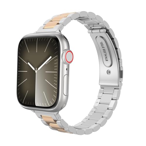 MoKo Schmales Metall Armband Kompatibel mit Apple Watch Armband 41mm 40mm 38mm, Dünnes Edelstahl Ersatzarmband Uhrenarmband für iWatch Series SE 2 SE 9 8 7 6 5 4 3 2 1 für Damen Herren,Silber/Rosegold von MoKo