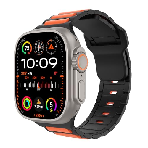 MoKo Silikon Sport Armband Kompatibel mit Apple Watch Ultra 2/Ultra 49mm 46mm 45mm 44mm 42mm Herren Damen,Verstellbare Ersatzbänder Armband für iWatch Ultra2 Serie 10 9 8 7 6 5 4 3 2 1 SE,Orange/Schw von MoKo