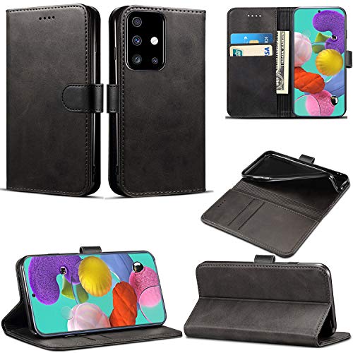 Galaxy A51 Handyhülle, Luxus Slim PU Leder Flip Protective Magnetic Wallet Cover mit Kartenhalter und Standfunktion, Schutzhülle kompatibel mit Samsung Galaxy A51 (schwarz) von Mobile Stuff