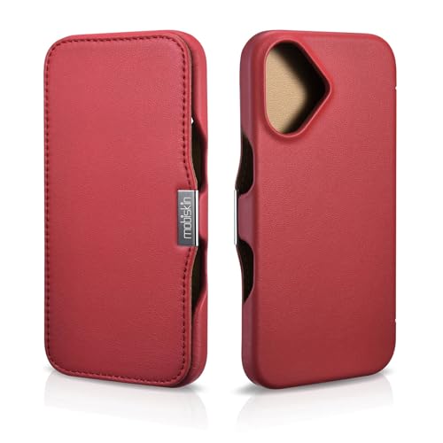 Mobiskin Hülle passend für iPhone 16 (6,1 Zoll), Handyhülle mit Leder, Case kompatibel mit MagSafe, Schutzhülle, Handy-Tasche, Slim Cover, dünn, Rot von Mobiskin