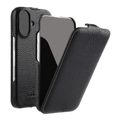 Mobiskin Hülle passend für iPhone 16 (6,1 Zoll), Handyhülle mit beschichtetem Leder, Flip Case kompatibel mit MagSafe, Schutzhülle, Handy-Tasche, Slim Cover, dünn, Schwarz von Mobiskin