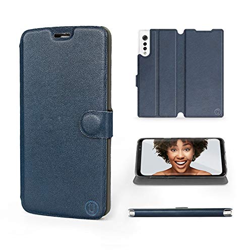 MOBIWEAR | Echt Lederhülle | Kompatibel mit LG Velvet, Made in EU handyhülle, Slim Leather Case, Premium Flip Schutzhülle, Transparent TPU Silicon, Book Style, Tasche - Blaues Leder von MOBIWEAR