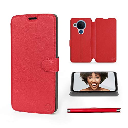 MOBIWEAR | Echt Lederhülle | Kompatibel mit Nokia 5.4, Made in EU handyhülle, Slim Leather Case, Premium Flip Schutzhülle, Transparent TPU Silicon, Book Style, Tasche - Rotes Leder von MOBIWEAR