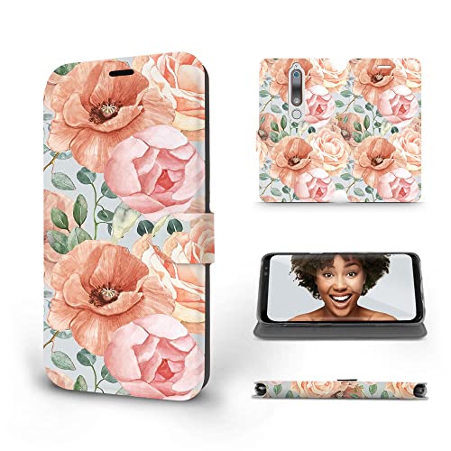 MOBIWEAR | Slim FLIP Case | Kompatibel mit Nokia 6.1, Made in EU handyhülle, Premium Schutzhülle, Transparent TPU Silicon, Book Style Hülle, Tasche - Poppy und peony von MOBIWEAR